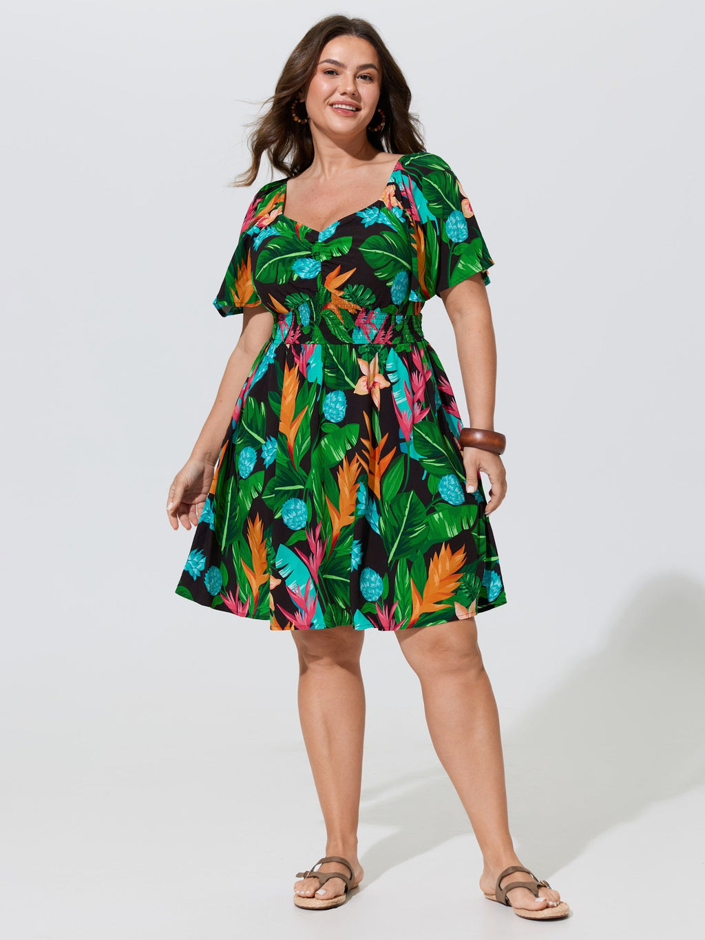 Tropical Floral Print Shirred Waist Mini Dress