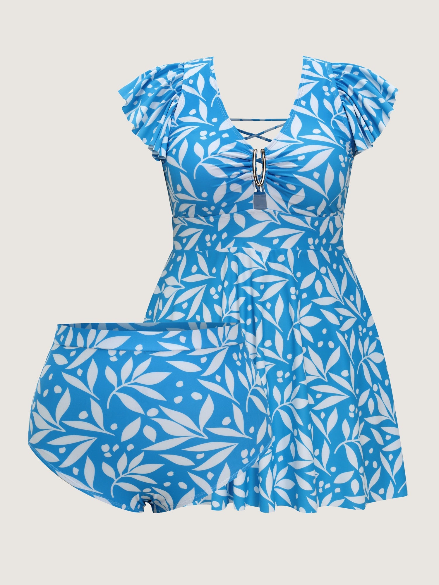 Leaf Print Crisscross Back Swim Dress