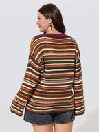 Multi-Color Stripe Hollow V-Neck Pullover
