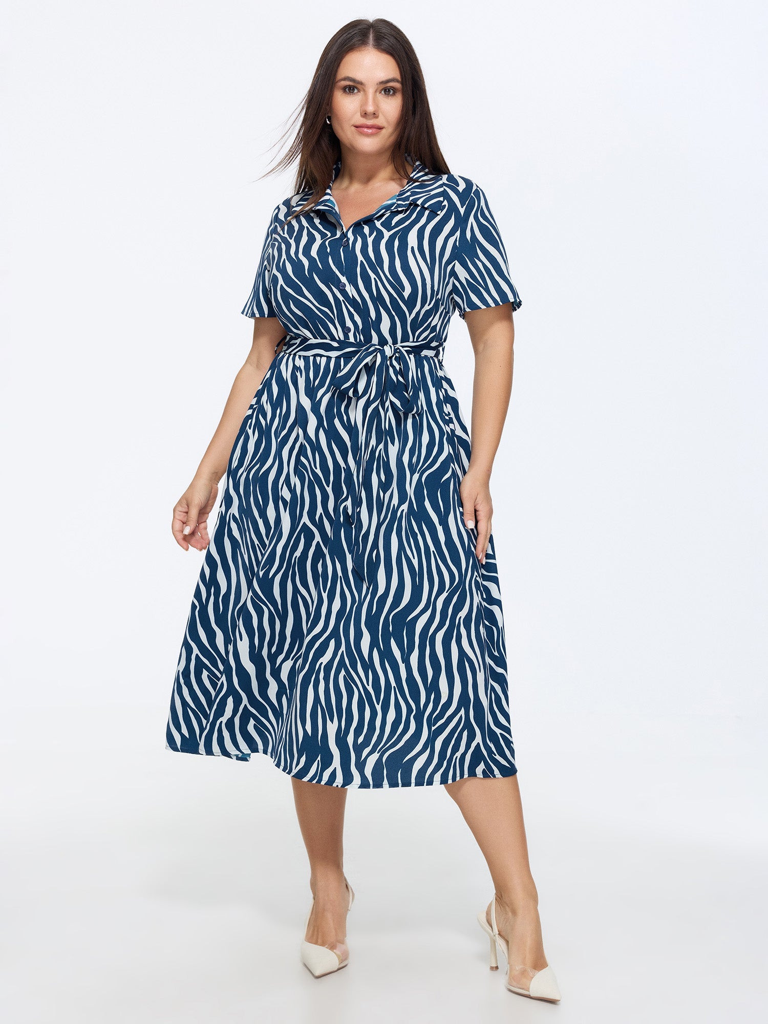 Zebra Print Waist-Tie Midi Shirt Dress