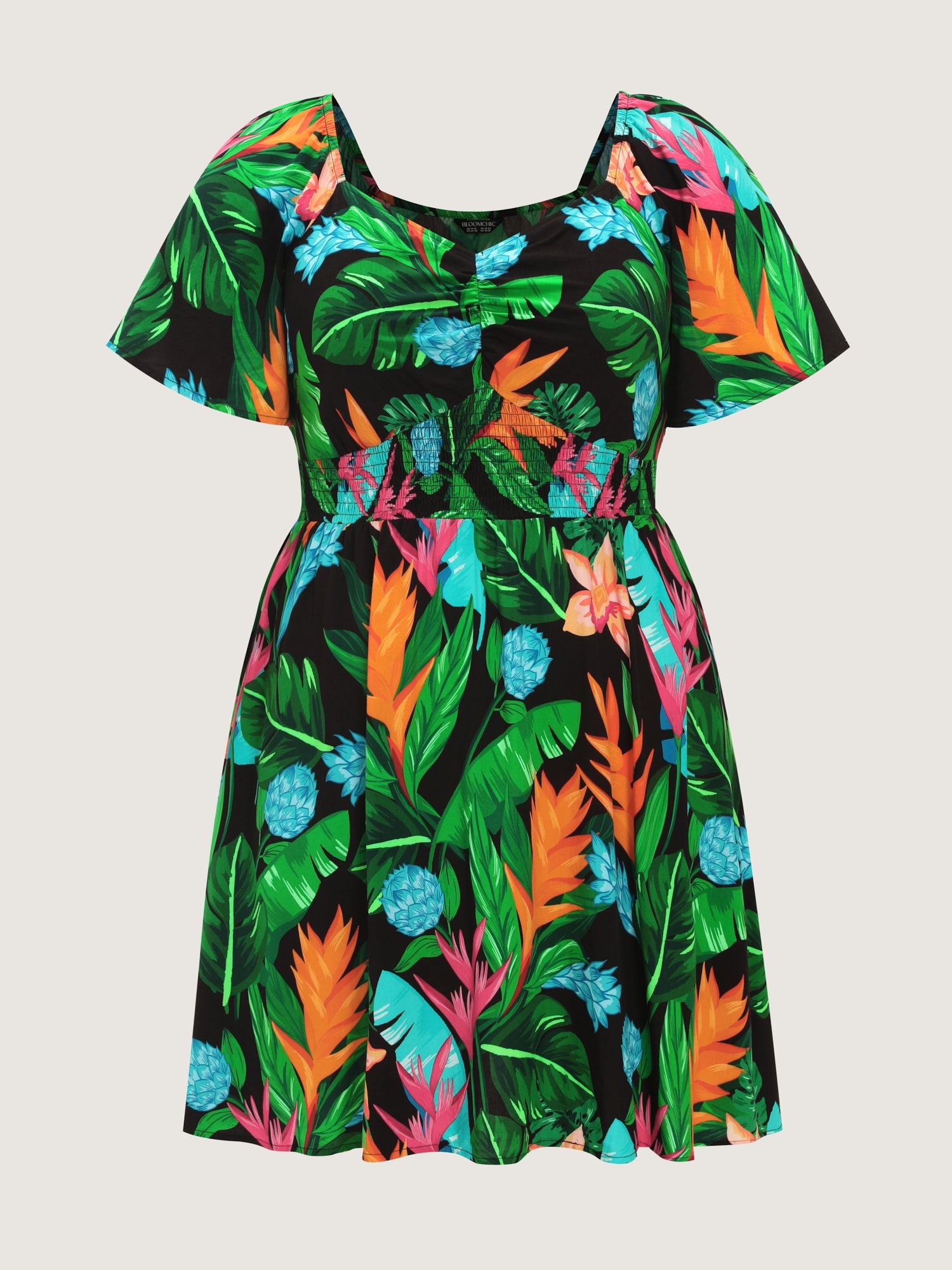 Tropical Floral Print Shirred Waist Mini Dress