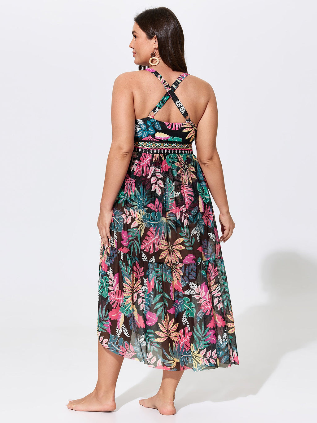 Sarong Set Tropical Print Mesh One Piece Swim