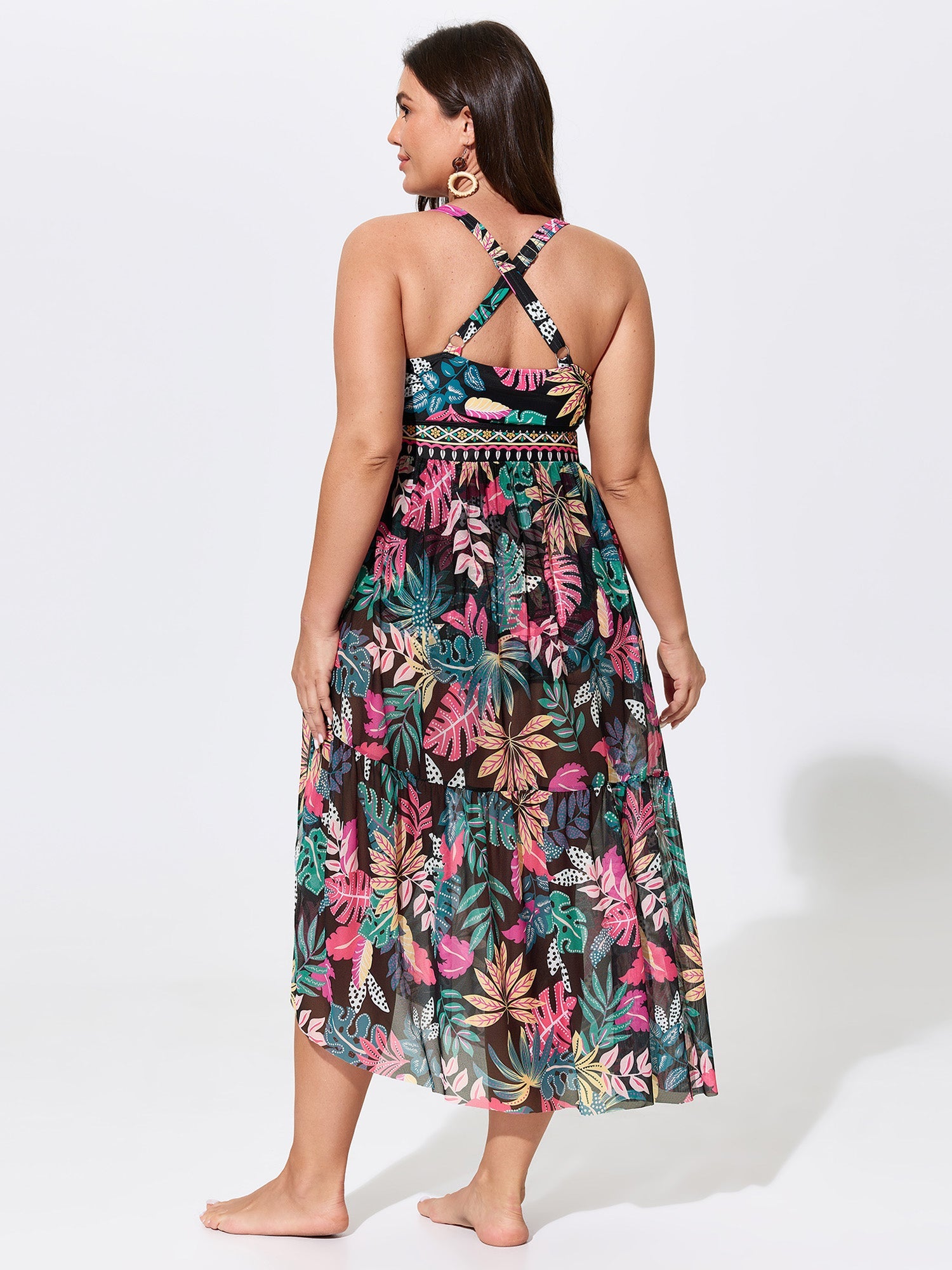 Sarong Set Tropical Print Mesh One Piece Swim