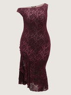 Flocked Floral Stretchy One-Shoulder Midi Dress