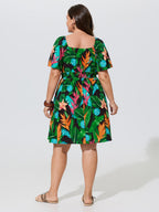 Tropical Floral Print Shirred Waist Mini Dress