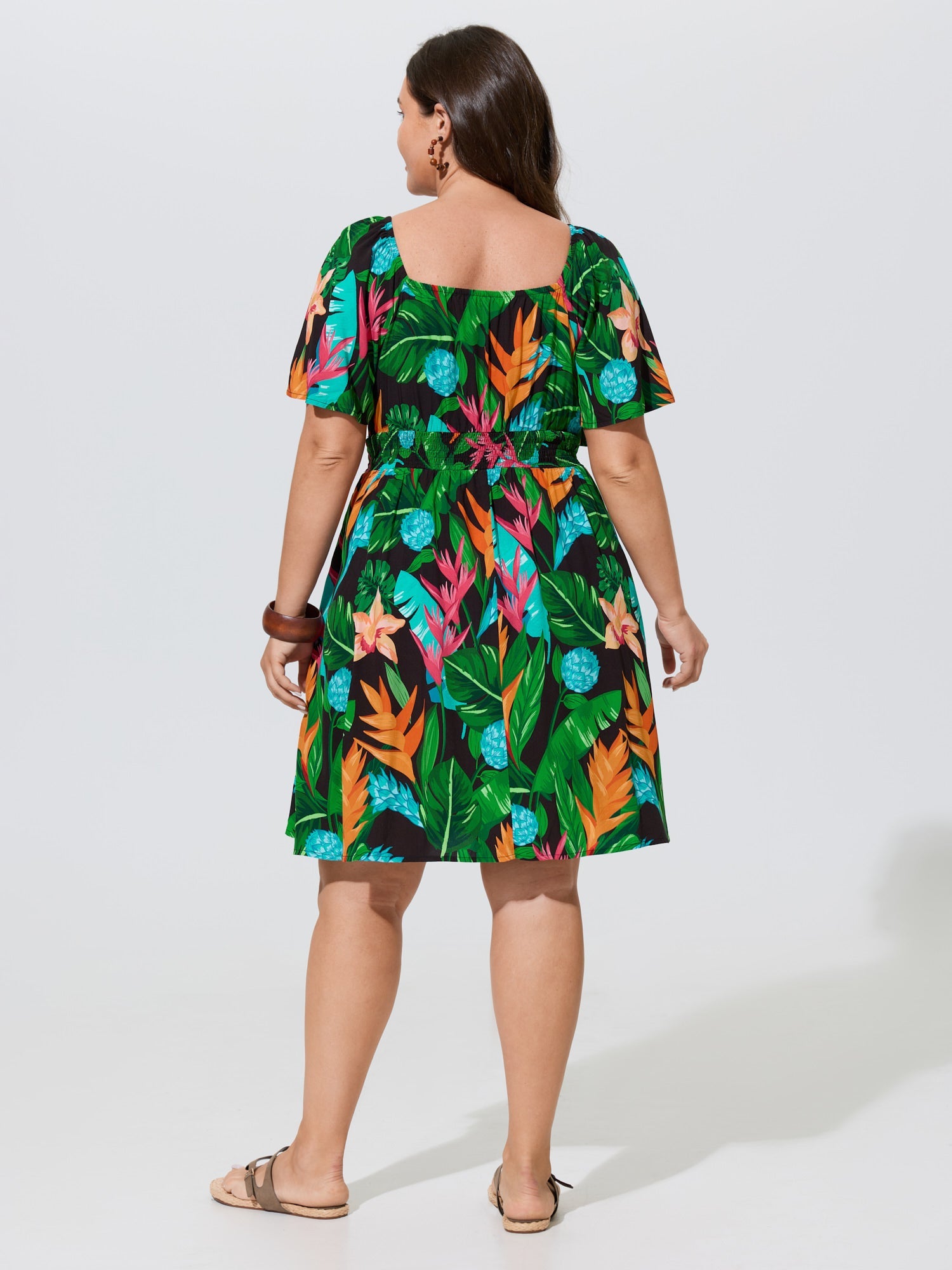 Tropical Floral Print Shirred Waist Mini Dress