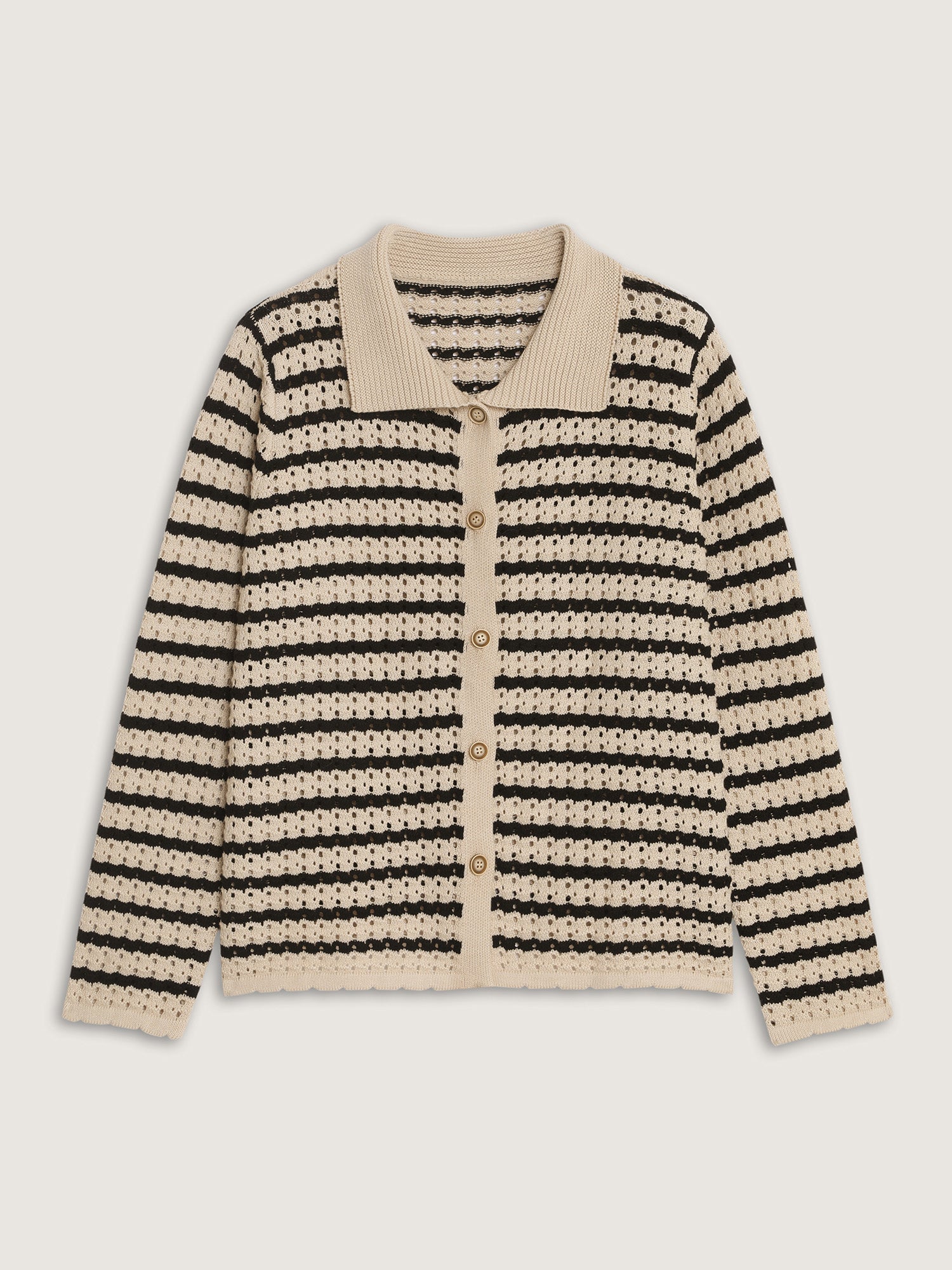Striped Hollow Collared Button Front Cardigan