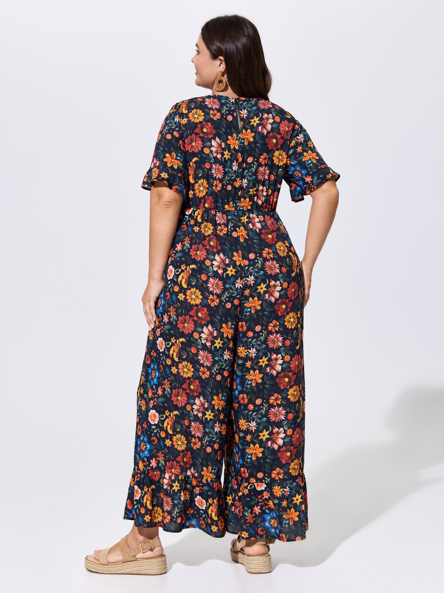 Floral Ruffle V Neck Wide Leg Jumpsuit