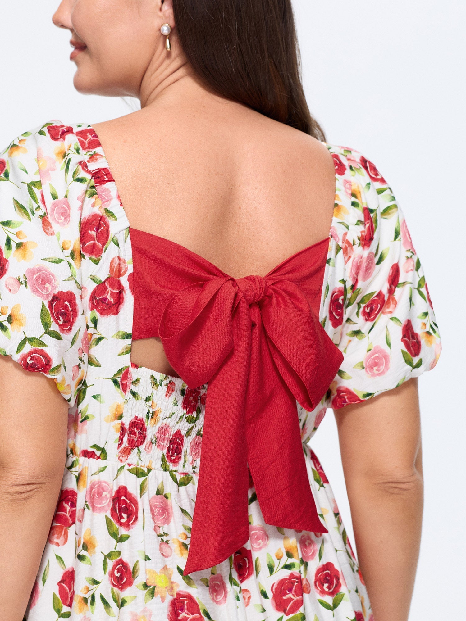 Rose Print Back Bow Detail Midi Dress