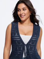 Hollow Out Scalloped Hem Front Tie Sweater Vest