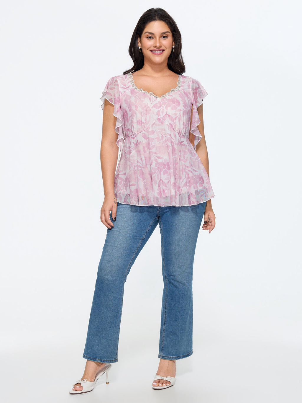 Soft Floral Lace Scallop Neck Flutter Sleeve Peplum Top