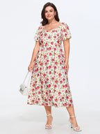 Rose Print Back Bow Detail Midi Dress
