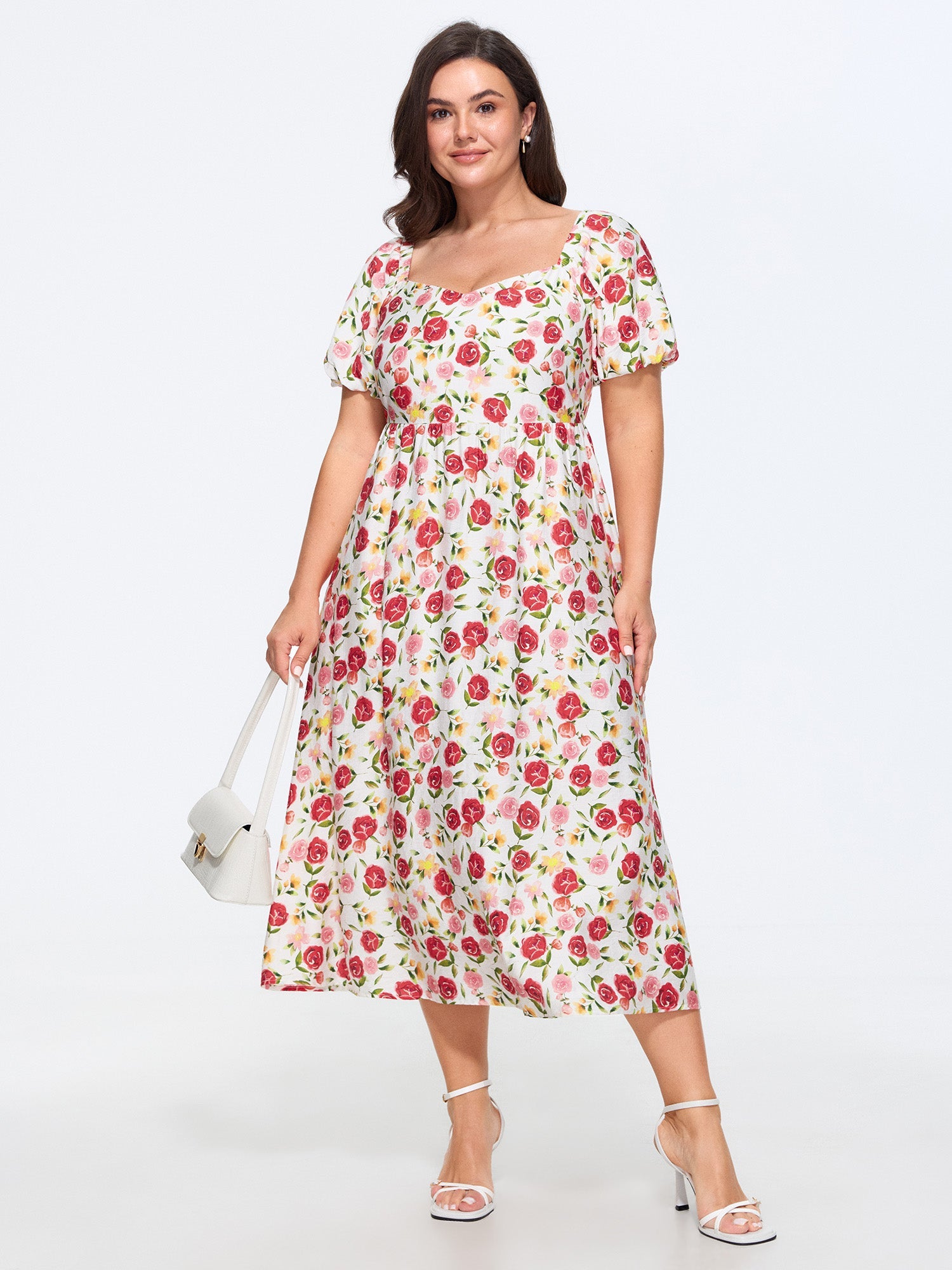 Rose Print Back Bow Detail Midi Dress
